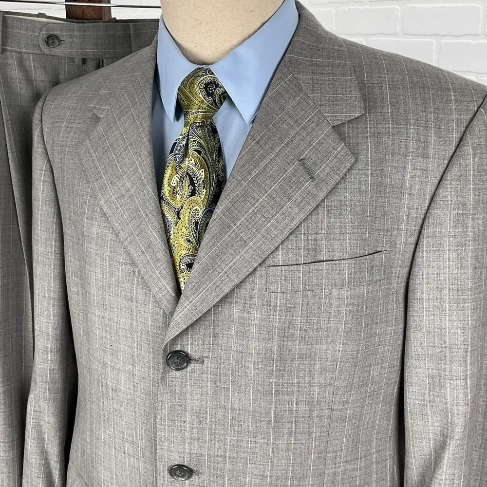 Corporate Image Tom James Suit Men 42 32Wx28L Gray White‎ Stripe Classic USA VTG
